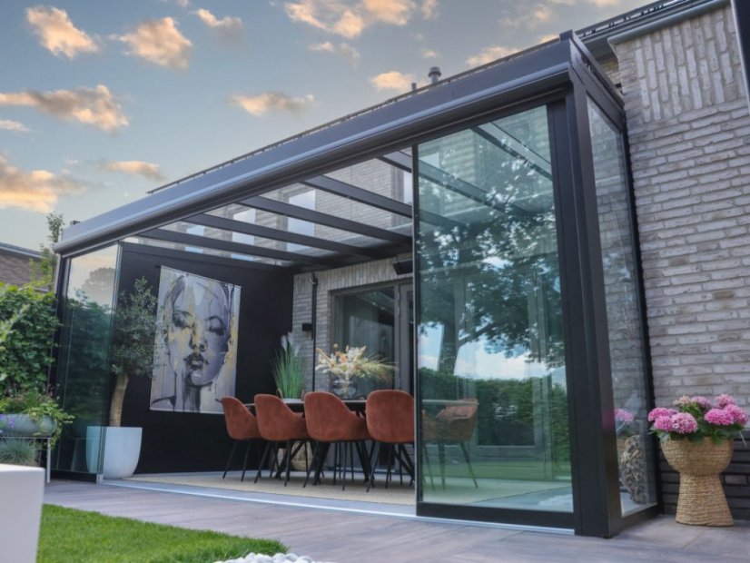 Masivní hliníková skleněná pergola MB Line - Rozměr: 406 x 250 cm, Barva: RAL 9001 krémová bílá
